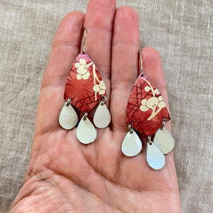 Plum Blossoms on Rose Madder Tin Chandelier Earrings