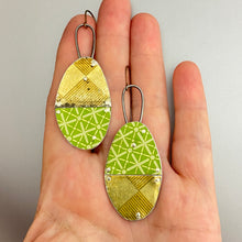 Load image into Gallery viewer, Gold &amp; Green Patchwork Oval Tin Earrings