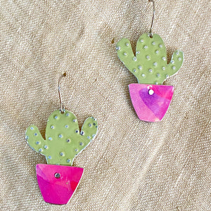 Li’l Pink Potted Cactus Upcycled Tin Earrings