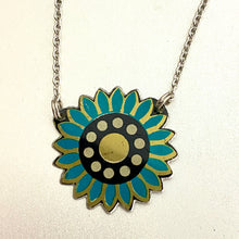 Load image into Gallery viewer, Little Teal Blue Flower Upcycled Tin Necklace