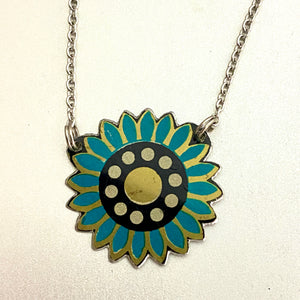 Little Teal Blue Flower Upcycled Tin Necklace