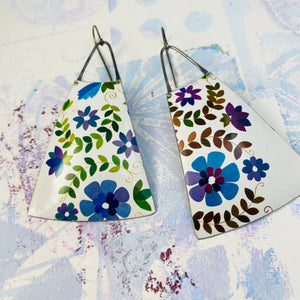 Beautiful Blue Blossoms Upcycled Tin Long Fans Earrings