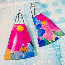 Load image into Gallery viewer, Bright Pink Watercolor Flowers Long Fans Tin Earrings