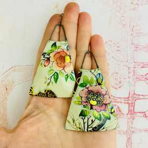 Big Vintage Blossoms Upcycled Tin Long Fans Earrings