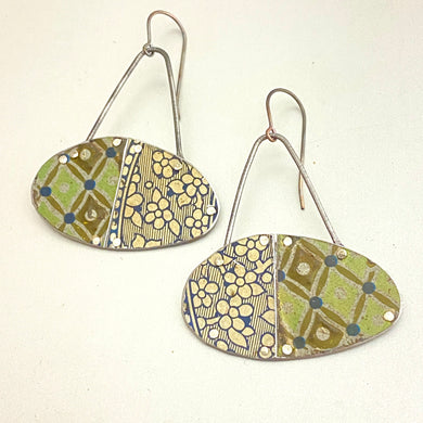 Vintage Flower & Harlequin Patchwork Oval Tin Earrings