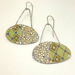 Vintage Flower & Harlequin Patchwork Oval Tin Earrings