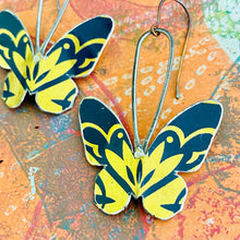 Load image into Gallery viewer, Midnight Blue &amp; Gold Butterflies Upcycled Tin Earrings