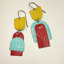 Load image into Gallery viewer, Etched Arch Aqua, Goldenrod, Raspberry Tin Earrings