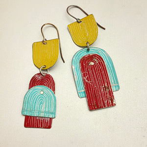 Etched Arch Aqua, Goldenrod, Raspberry Tin Earrings