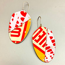 Load image into Gallery viewer, Typographic Reds Patchwork Tin Seedpod Earrings