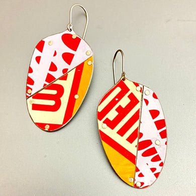 Typographic Reds Patchwork Tin Seedpod Earrings