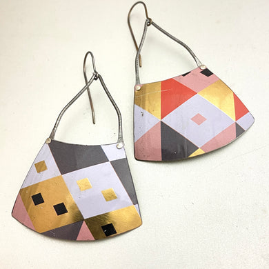 Pink, Gold & Cool Gray Harlequins Tin Earrings