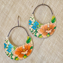 Load image into Gallery viewer, Pale Pink Blossoms Crescent Circles Tin Earrings