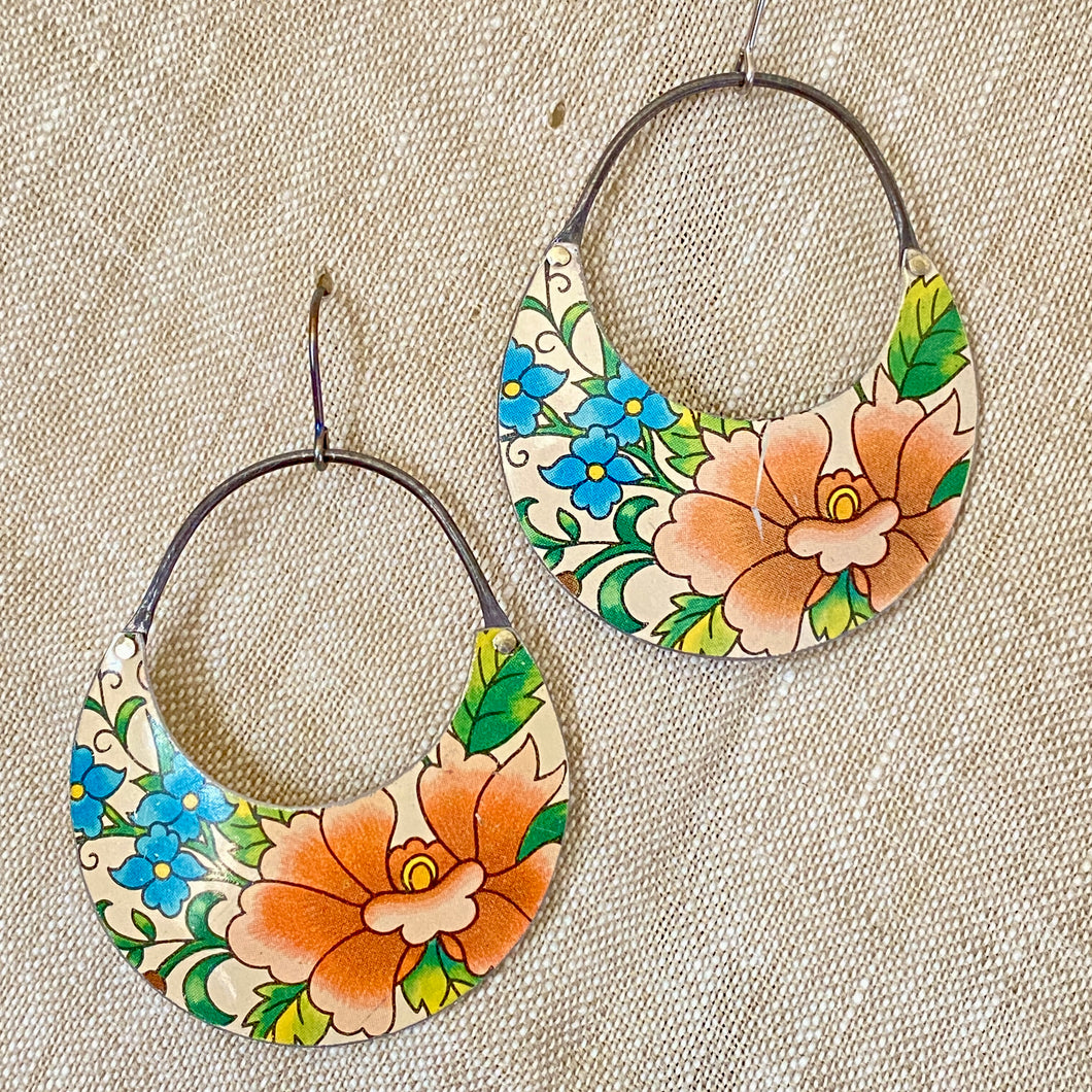 Pale Pink Blossoms Crescent Circles Tin Earrings