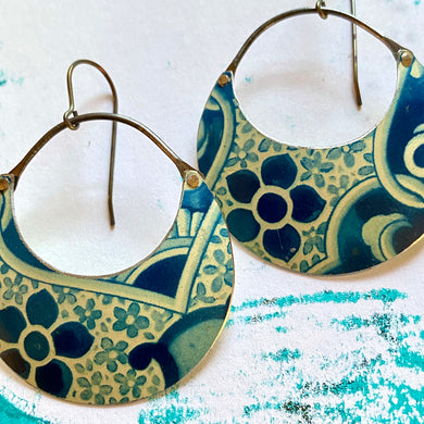 Blueberry Flowers Crescent Circles Tin Earrings