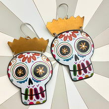 Load image into Gallery viewer, Square Jawed &amp; Gold Sugar Skulls Tin Earrings