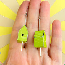 Load image into Gallery viewer, Chartreuse Tiny Tin Birdhouse Earrings