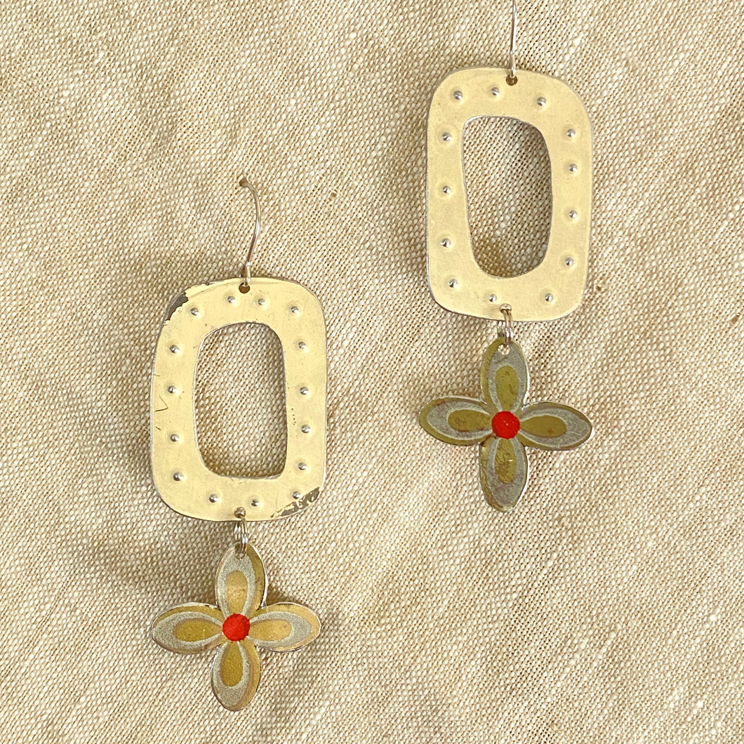 Mod Ecru & Flowers Tin Earrings