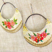 Load image into Gallery viewer, Pink Posies on Cream Crescent Circles Tin Earrings