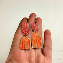 Load image into Gallery viewer, Etched Arch Scarlet &amp; Flame Orange Tin Earrings