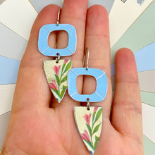 Load image into Gallery viewer, Icy Blue Mod Pink Flowery Tin Earrings