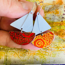 Load image into Gallery viewer, Orange &amp; Gold Upcycled Tin Sailboat Earrings