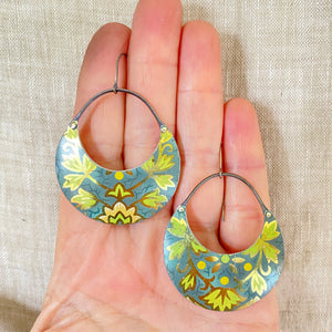 Vintage Green Leaves Crescent Circles Tin Earrings