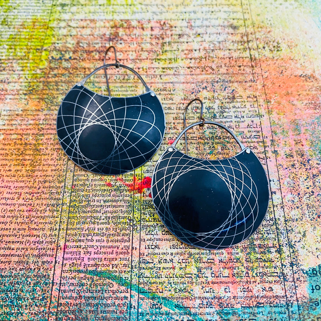 Spirograph on Black Circles Tin Earrings