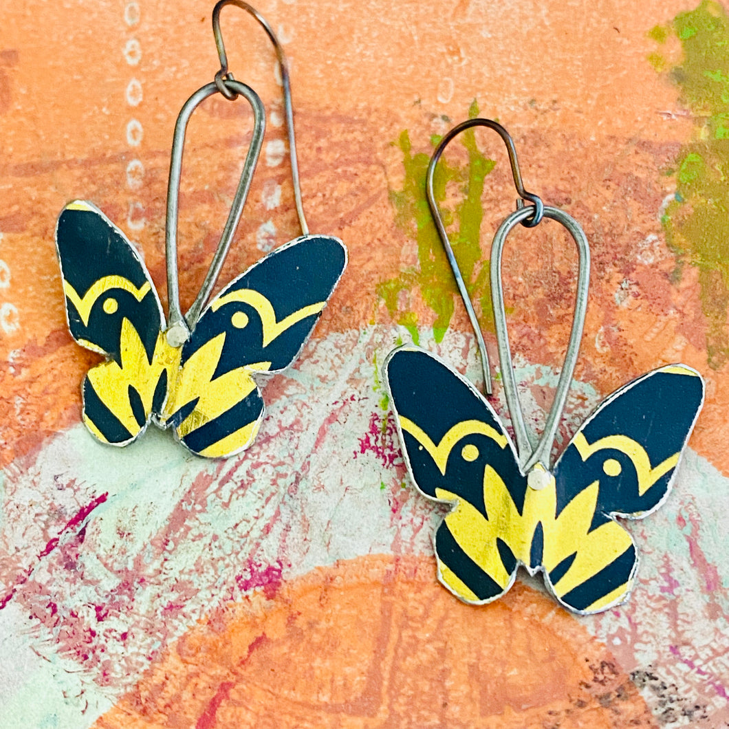 Midnight Blue & Gold Small Butterflies Upcycled Tin Earrings