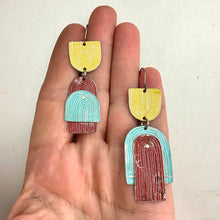 Load image into Gallery viewer, Etched Arch Aqua, Goldenrod, Raspberry Tin Earrings