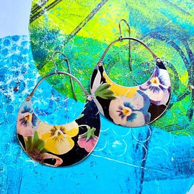 Pansies Crescent Circles Tin Earrings