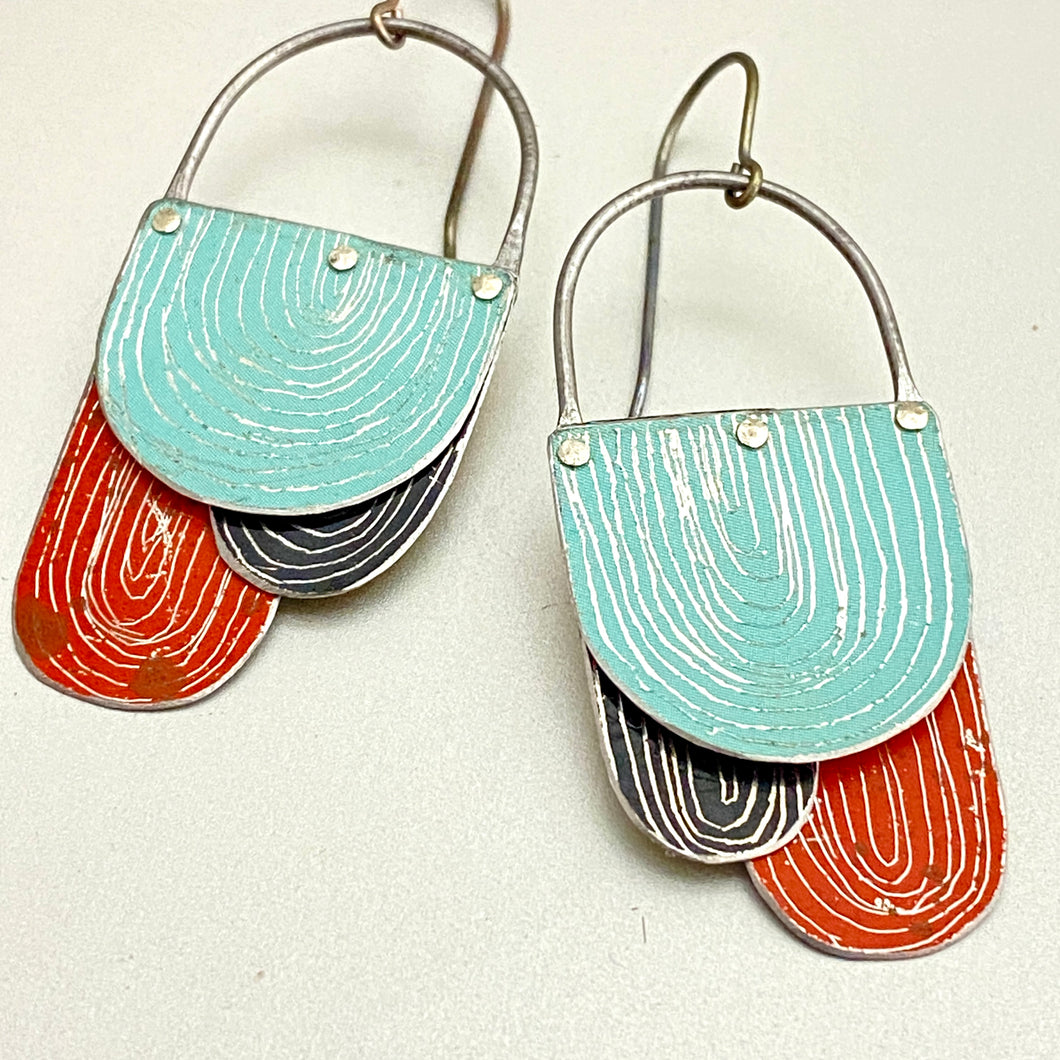 Etched Arches Scarlet, Dusty Aqua & Midnight Tin Earrings