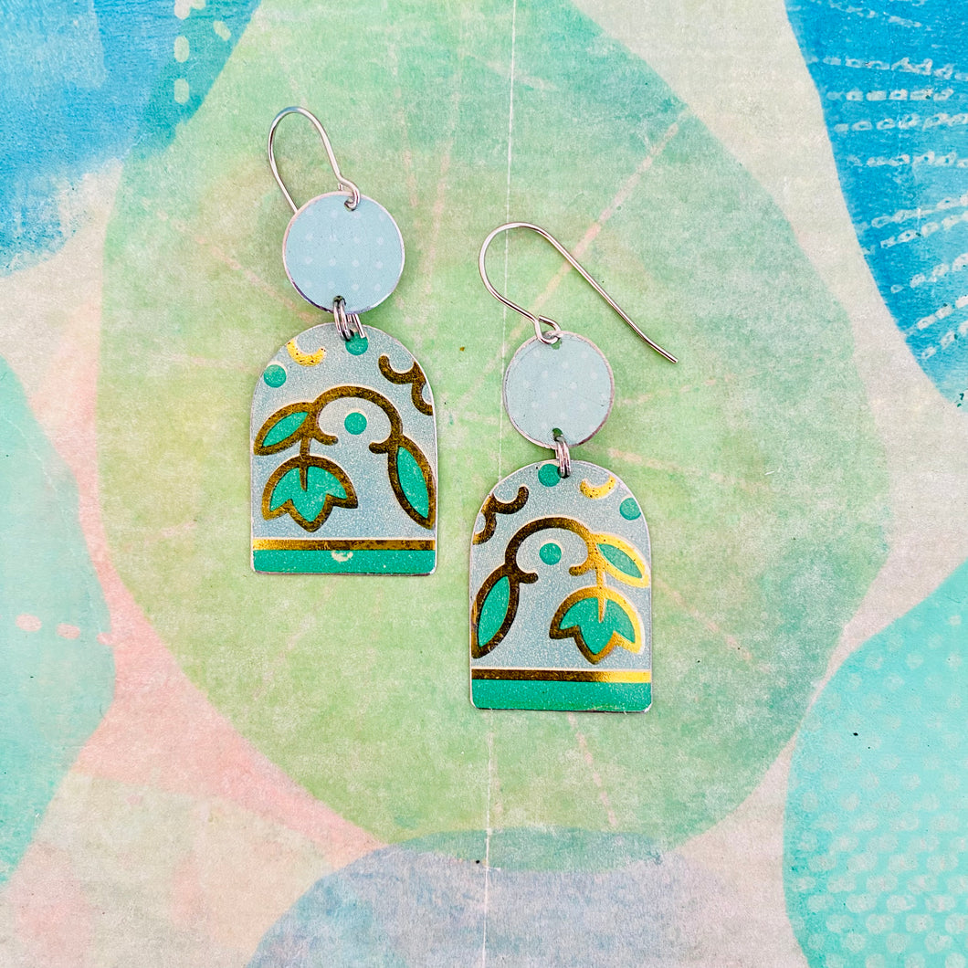 Pale Aqua Botanicals Wide Arch Upcycled Tin Earrings