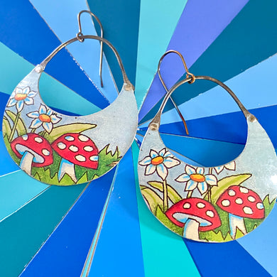 Little Red Shrooms Crescent Circles Tin Earrings