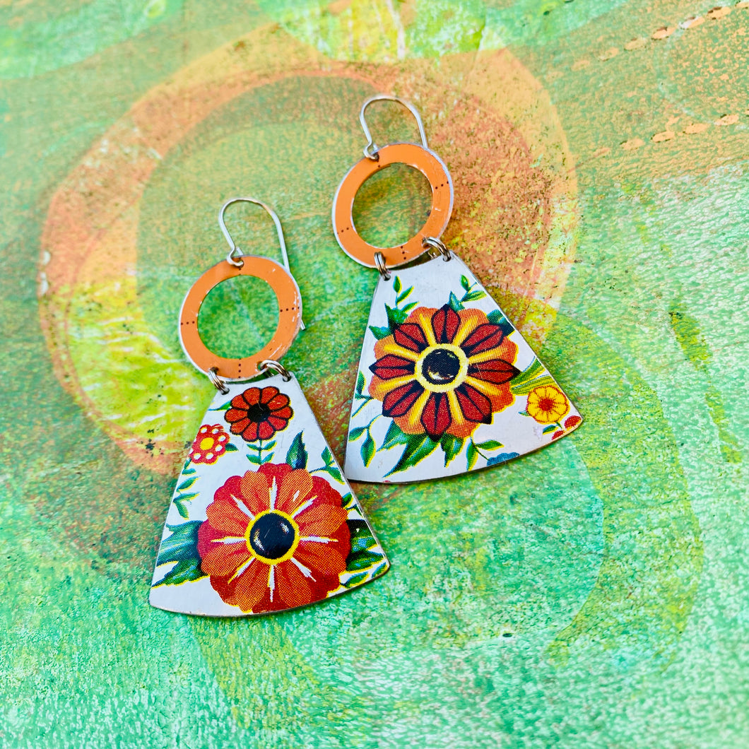 Fancy Red Blossoms Small Fans Tin Earrings