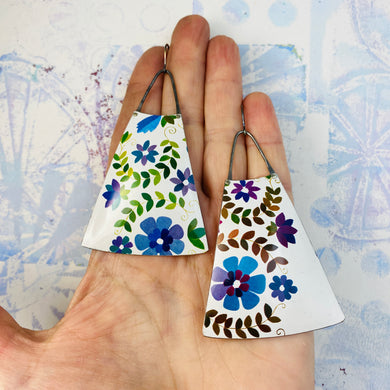 Beautiful Blue Blossoms Upcycled Tin Long Fans Earrings