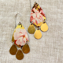Load image into Gallery viewer, Pink Peonies &amp; Gold Tin Chandelier Earrings