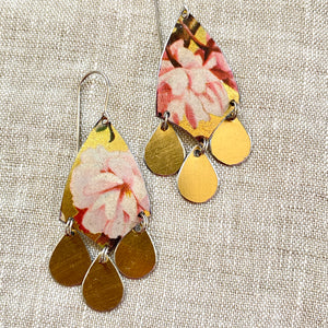 Pink Peonies & Gold Tin Chandelier Earrings