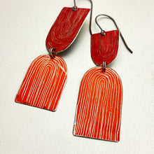 Load image into Gallery viewer, Etched Arch Scarlet &amp; Flame Orange Tin Earrings