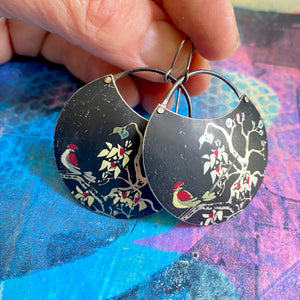 Red Winged Birds Circle Tin Earrings