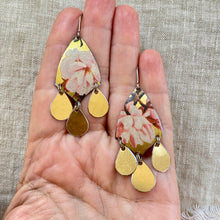 Load image into Gallery viewer, Pink Peonies &amp; Gold Tin Chandelier Earrings