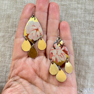 Pink Peonies & Gold Tin Chandelier Earrings
