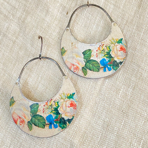 Pale Pink Roses Crescent Circles Tin Earrings