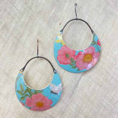 Pink Flowers on Turquoise Crescent Circles Tin Earrings