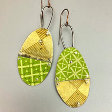 Load image into Gallery viewer, Gold &amp; Green Patchwork Oval Tin Earrings