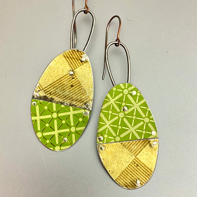 Gold & Green Patchwork Oval Tin Earrings