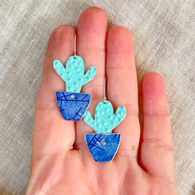 Load image into Gallery viewer, Tiny Turquoise Potted Cactus Tin Earrings