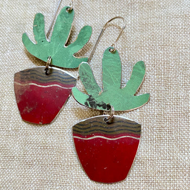 Brick Red Pot Mod Succulents Upcycled Tin Earrings