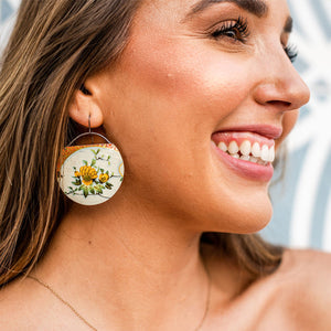 Blossoms On Deep Carmine Circles Upcycled Tin Earrings