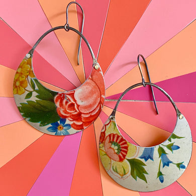 Big Pink Rose Crescent Circles Earrings